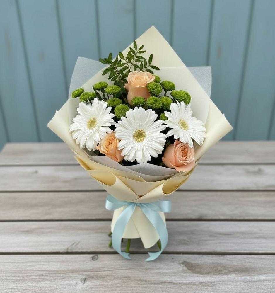 Букет цветов из: Герберы, Розы и Хризантемы в Краснобродском