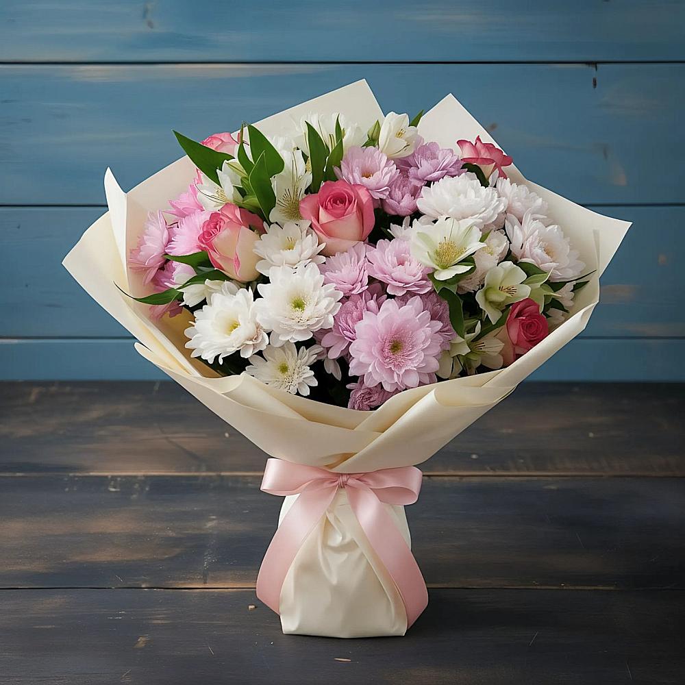 Букет цветов из: Хризантемы, Альстромерии и Розы в Краснобродском